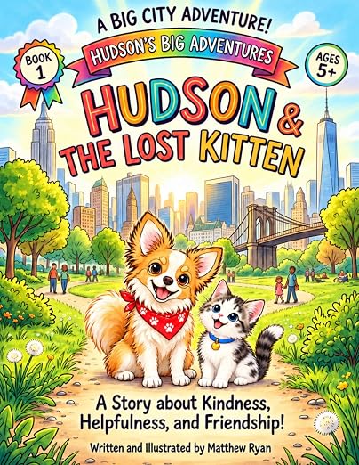 Cover of Hudson & the Lost Kitten by Matthew Ryan, featuring Hudson and River in a New York park